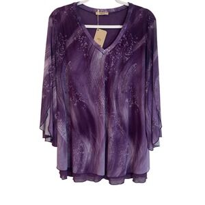 Timeson Women's 3/4‎ Sleeve Blouse Abstract  Purple Design Double Layer  V-Neck